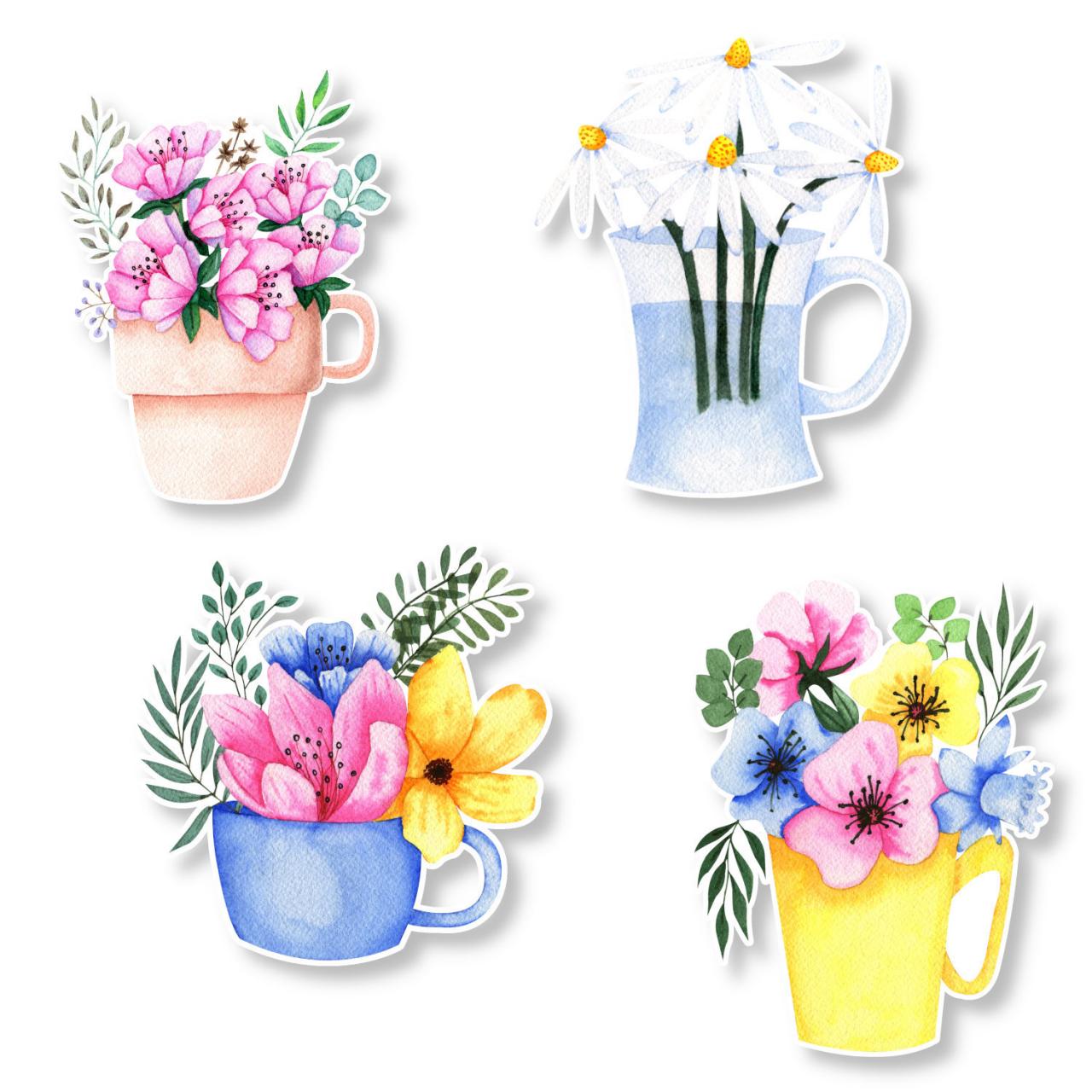 Flowers Sticker Pack | 4 Flower Stickers | Flowers in Mug Sticker | Mug Sticker | Tumbler Sticker | Small Gift | Water Bottle Sticker